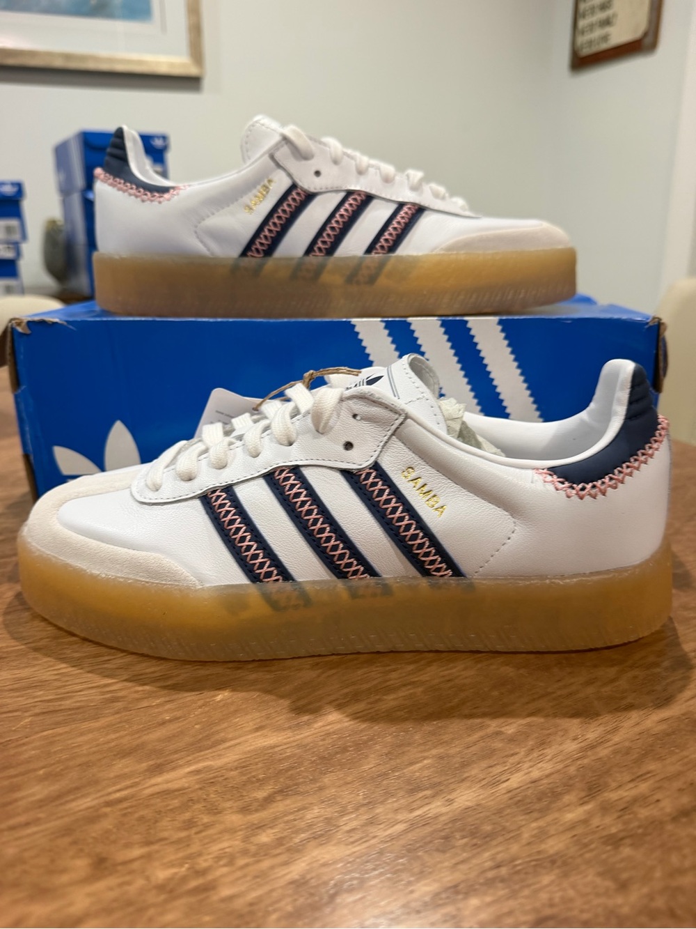 Adidas Sambae J Women’s Sneakers with Navy Stripes and Pink Stitching US 7